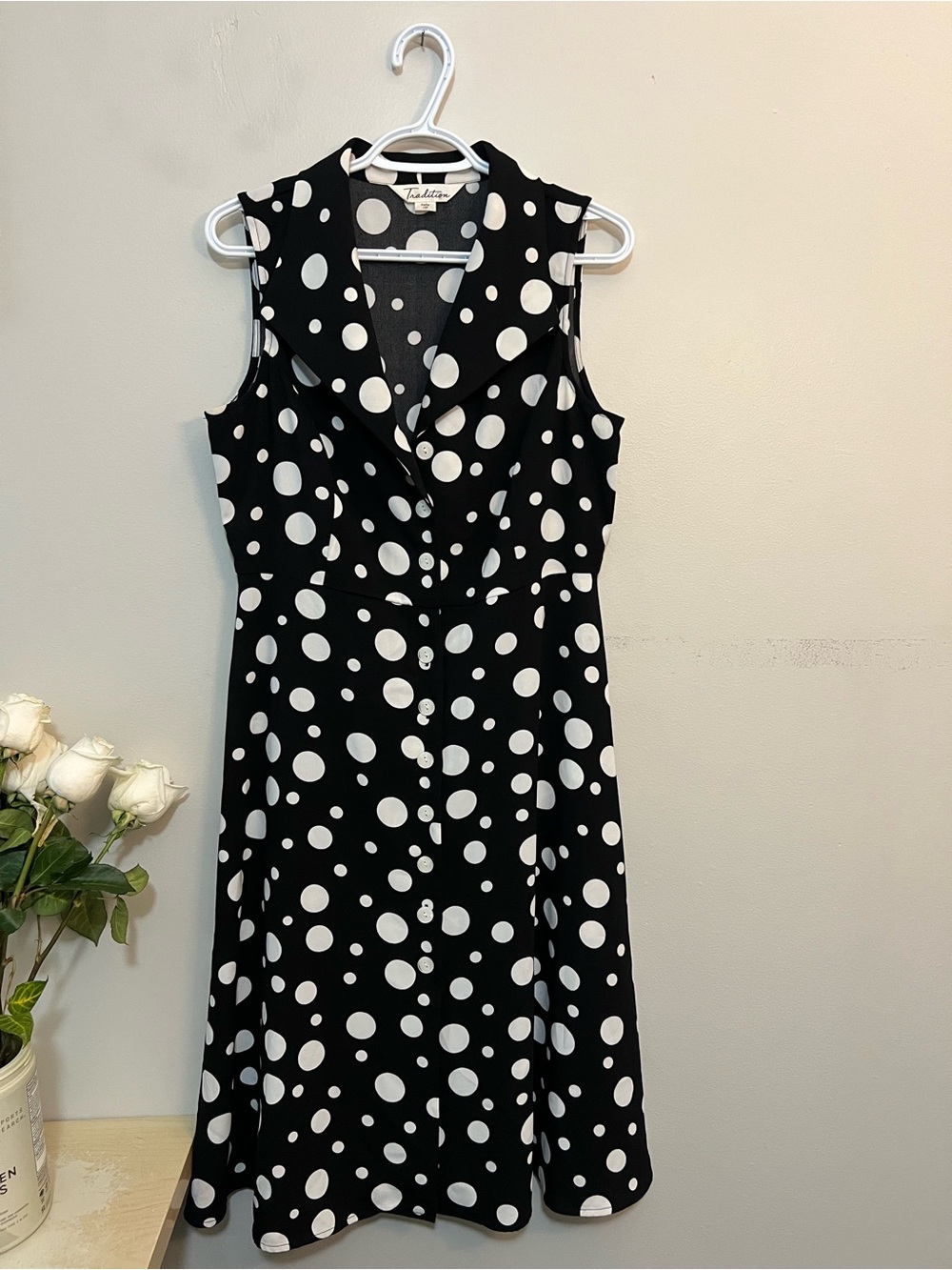 Talbots Black and White Polka Dot Sleeveless Fit-and-Flare Midi Dress
